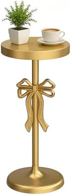 Gold Drink Table, Metal Martini Side Table - 9.9" x21.7'', Gold Small Accent Table with Bow Decoration, Pedestal