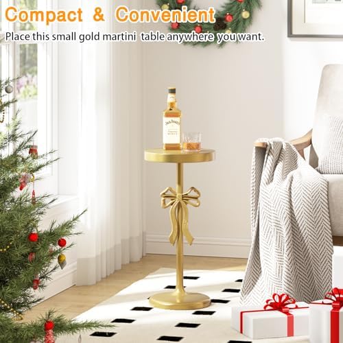 Gold Drink Table, Metal Martini Side Table - 9.9" x21.7'', Gold Small Accent Table with Bow Decoration, Pedestal, alternate