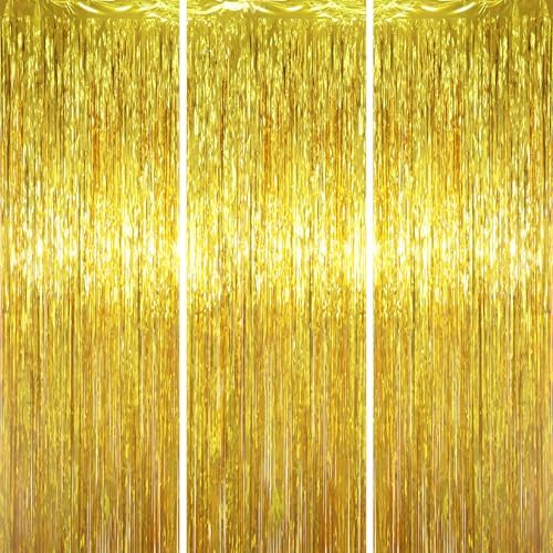 Gold Foil Fringe Backdrop Curtains, 3.3x6.6ft, 3pcs in 3.3x6.6ft