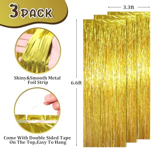 Gold Foil Fringe Backdrop Curtains, 3.3x6.6ft, 3pcs in 3.3x6.6ft, alternate view 3