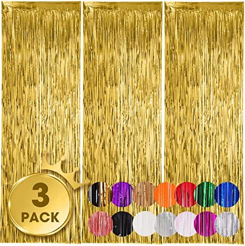 Gold Foil Fringe Backdrop Curtains, 3.3x8.2ft, 3 Pack in 3.3x8.2ft