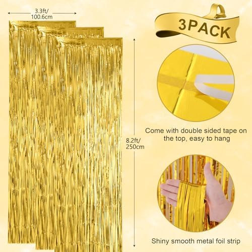Gold Foil Fringe Backdrop Curtains, 3.3x8.2ft, 3 Pack in 3.3x8.2ft, alternate view 3