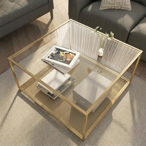 Gold Glass Coffee Table, Square Coffee Tables with Storage Shelf, Simple Tea Cocktail Modern Center Tables for