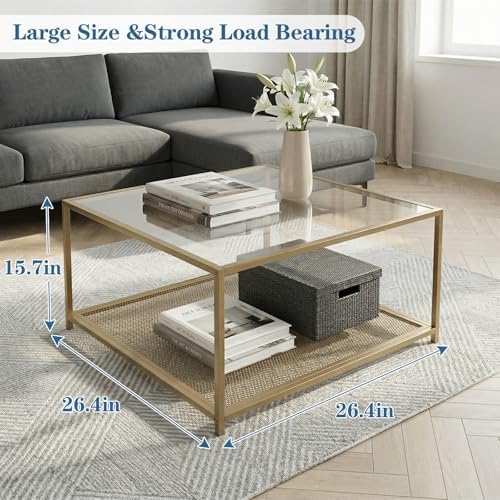 Gold Glass Coffee Table, Square Coffee Tables with Storage Shelf, Simple Tea Cocktail Modern Center Tables for, alternate