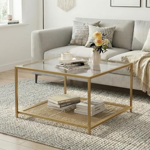 Gold Glass Coffee Table, Square Coffee Tables with Storage Shelf, Simple Tea Cocktail Modern Center Tables for, alternate