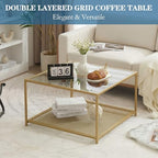 Gold Glass Coffee Table, Square Coffee Tables with Storage Shelf, Simple Tea Cocktail Modern Center Tables for, alternate