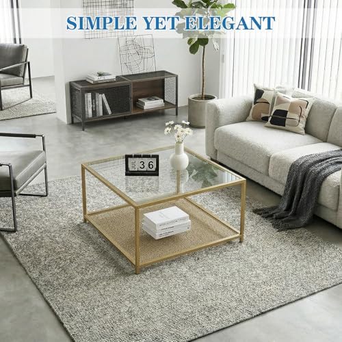 Gold Glass Coffee Table, Square Coffee Tables with Storage Shelf, Simple Tea Cocktail Modern Center Tables for, alternate