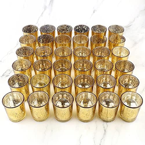 Gold Mercury Glass Tea Light Holders Set of 36 - Elegant Votive Candle Holders for Weddings, Showers and Home