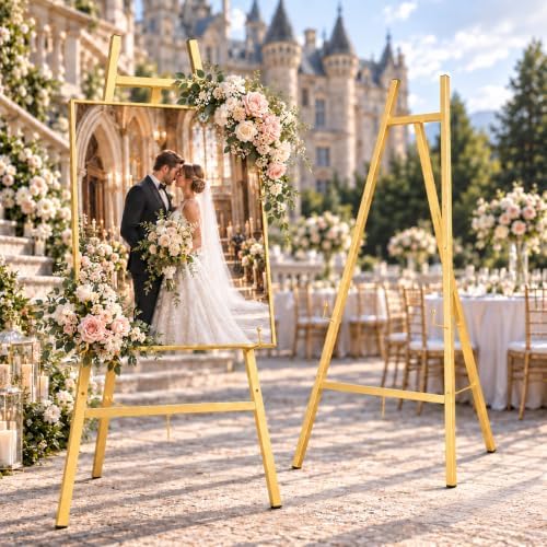 Gold Metal Easel Stand for Sign, Heavy Duty Art Easel with Adjustable Chain, Tripod Structure,4-Level Height
