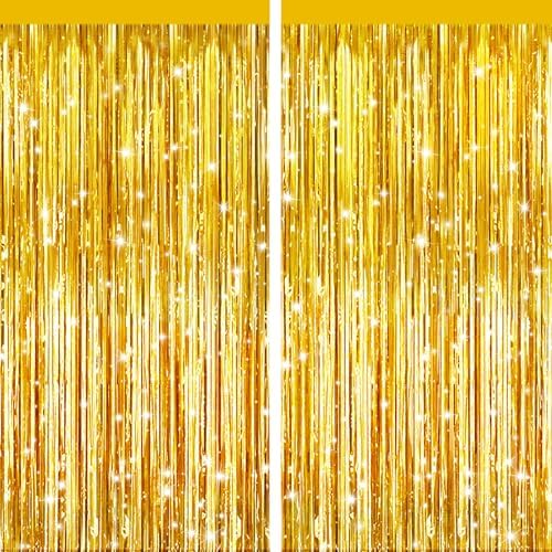 Gold Metallic Fringe Curtains 2 Pack, Tinsel Backdrop for Parties