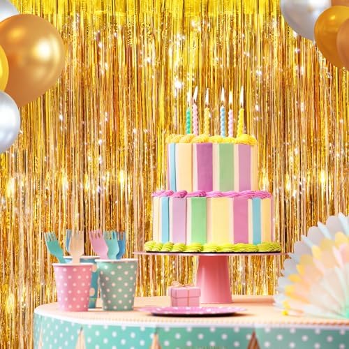 Gold Metallic Fringe Curtains 2 Pack, Tinsel Backdrop for Parties, alternate view 5