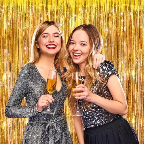 Gold Metallic Fringe Curtains 2 Pack, Tinsel Backdrop for Parties, alternate view 6