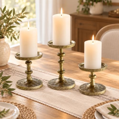 Gold Pillar Candle Holders Set of 3, Cast Iron Candle Stands in Gold