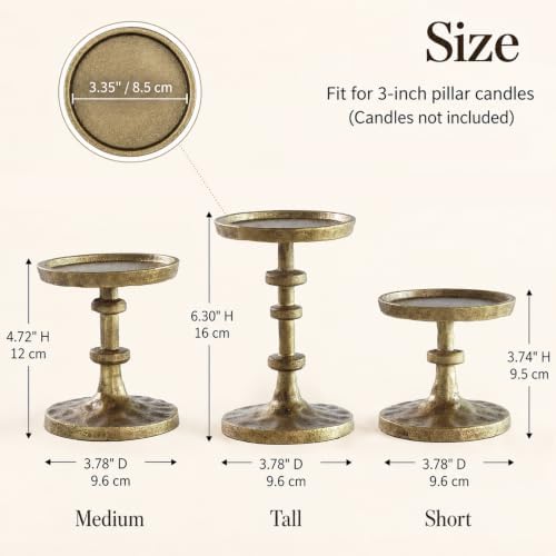 Gold Pillar Candle Holders Set of 3, Cast Iron Candle Stands in Gold, alternate view 2
