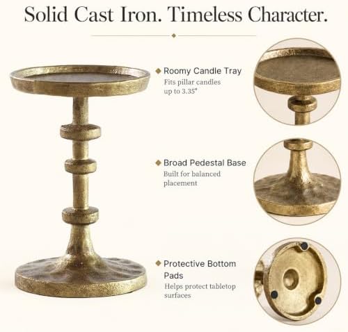 Gold Pillar Candle Holders Set of 3, Cast Iron Candle Stands in Gold, alternate view 4