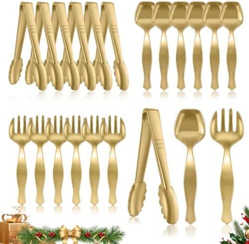 Gold Plastic Serving Utensils Set, Disposable Tong Serving Spoons in Gold