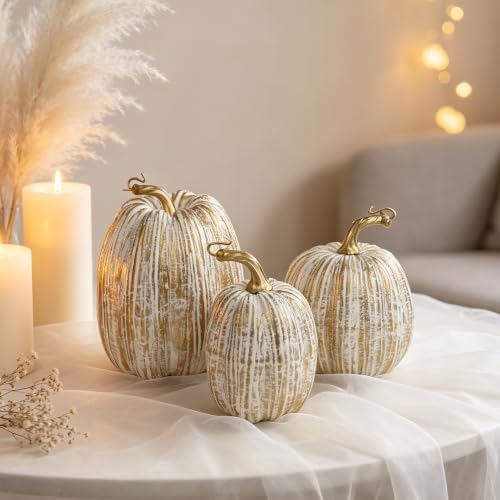 Gold Pumpkins Fall Decor Large Artificial Foam Pumpkin, 3 Pack, alternate view 3