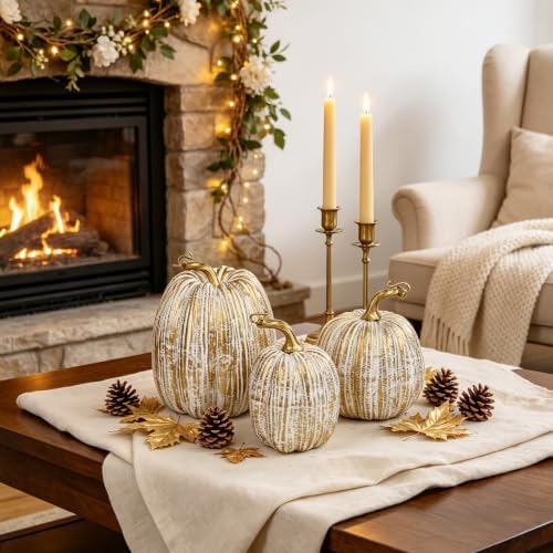 Gold Pumpkins Fall Decor Large Artificial Foam Pumpkin, 3 Pack, alternate view 4
