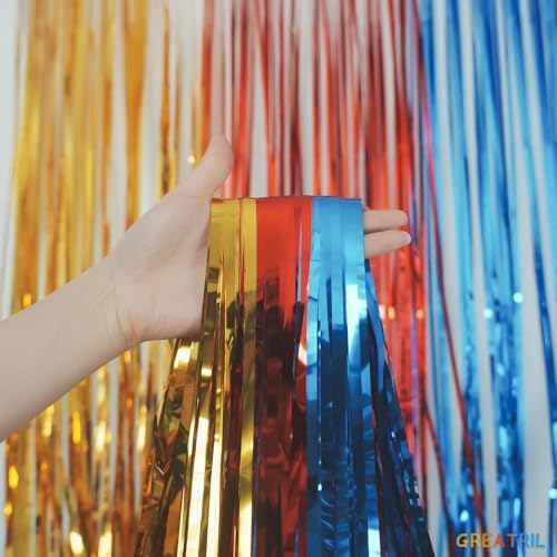 Gold Red Blue Party Backdrop 3.2ft x 8.2ft 2 Packs, alternate view 2