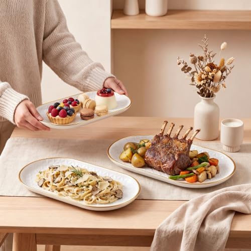 Gold Rim Ceramic Serving Platter 16”/14”/12” Decorative White Gold Serveware for Parties Entertaining Elegant, alternate view
