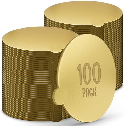 Gold Round Mini Cake Boards with Tab - 4 Inch Grease-Proof, Foil-Covered, Food Grade Cardboard for Cupcakes