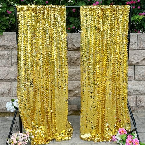 Gold Sequin Backdrop 4x10 Ft, 2 Panels, Large Payette Shimmer Decor in 4 ft W x 10 ft L (2 Panels) in Gold, alternate view 2
