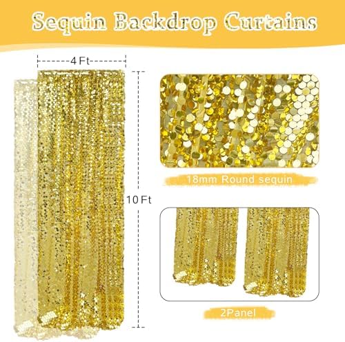 Gold Sequin Backdrop 4x10 Ft, 2 Panels, Large Payette Shimmer Decor in 4 ft W x 10 ft L (2 Panels) in Gold, alternate view 3