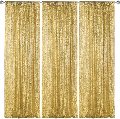 Gold Sequin Backdrop Curtain 3 Panels 2FTx8FT Glitter Gold Background Drapes Sparkle Photography Backdrop for
