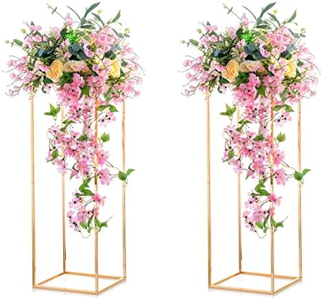 Gold Stands for Centerpieces, Geometric Column, 31.5" Tall, 2 Pcs in Gold