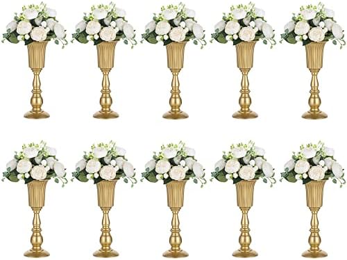 Gold Tall Centerpiece Table: 12.5" Trumpet Vases for Wedding Metal Flower Stand for Party Decorations Set of 10