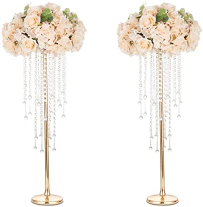 Gold Tall Metal Vase Stand with Crystal Beads, Wedding Decor 2Pcs in Gold, alternate view 4
