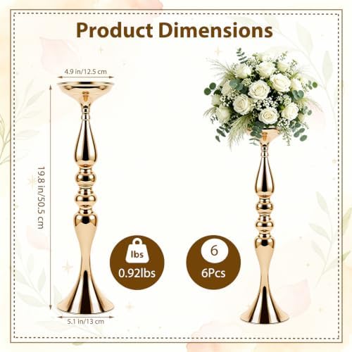 Gold Trumpet Vases Bulk for Centerpieces, 6Pcs 20'' Tall Wedding Center Pieces Decoration for Table, Flower, alternate view 3