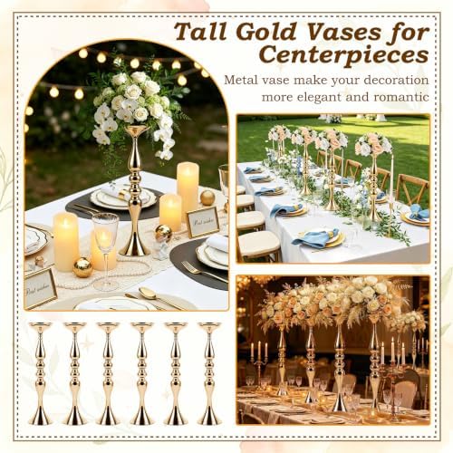 Gold Trumpet Vases Bulk for Centerpieces, 6Pcs 20'' Tall Wedding Center Pieces Decoration for Table, Flower, alternate view 5