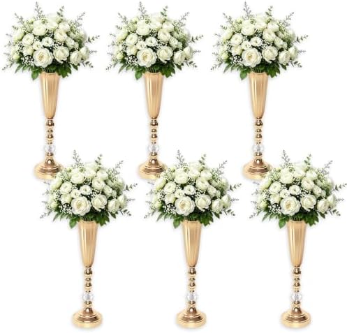 Gold Trumpet Vases for Centerpieces Wedding Tables Bulk, 6Pcs 18.5'' Tall Center Pieces Decoration for Flowers