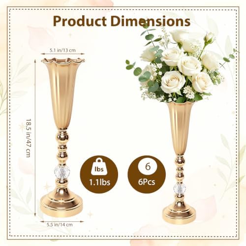 Gold Trumpet Vases for Centerpieces Wedding Tables Bulk, 6Pcs 18.5'' Tall Center Pieces Decoration for Flowers, alternate