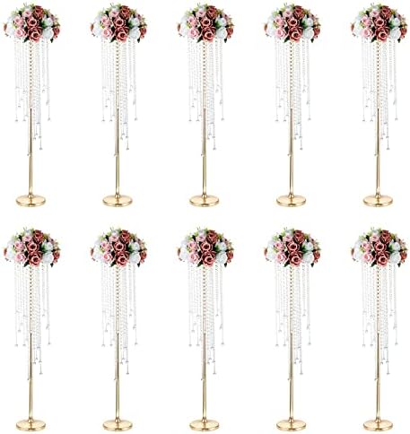 Gold Vases for Centerpieces Wedding - 10 Pcs 39.4in Tall Vase Chandelier Centerpiece for Tables - Flower Stand