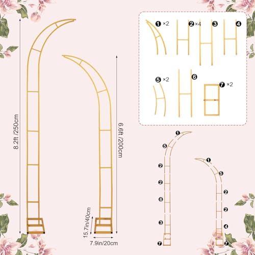 Gold Wedding Flower Arch Stand - 2-Pack Curved Half Arch Backdrop Frames (6.6 ft & 7.9 ft) for Ceremony, alternate view 3