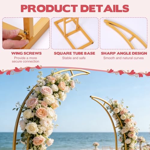 Gold Wedding Flower Arch Stand - 2-Pack Curved Half Arch Backdrop Frames (6.6 ft & 7.9 ft) for Ceremony, alternate view 4