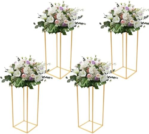 Gold Wedding Flower Stand Pack of 4, 24 Inch Tall Vase Column Stand Flower Holder, Metal Geometric Centerpieces