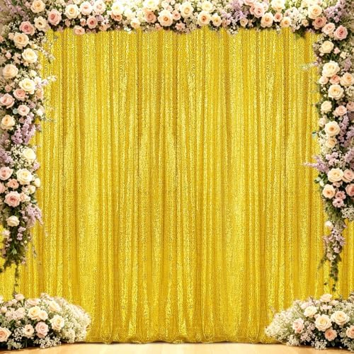 Golden Yellow Sequin Backdrop Curtain 4FTx8FT Glitter Blue Background Drapes Sparkle Photography Backdrop for