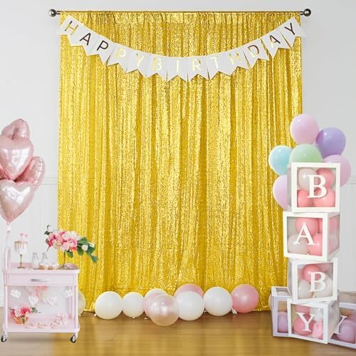 Golden Yellow Sequin Backdrop Curtain 6 Panels 2FTx8FT Glitter Golden Yellow Background Drapes Sparkle, alternate view 2