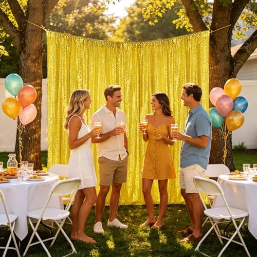 Golden Yellow Sequin Backdrop Curtain 6 Panels 2FTx8FT Glitter Golden Yellow Background Drapes Sparkle, alternate view 3