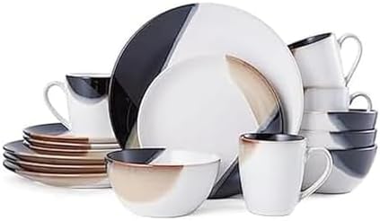 Gourmet Basics Caden 16-Piece Stoneware Dinnerware Set, Service for 4, White Glossy Center with Black and Tan