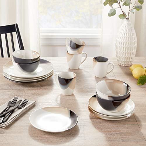 Gourmet Basics Caden 16-Piece Stoneware Dinnerware Set, Service for 4, White Glossy Center with Black and Tan, alternate view