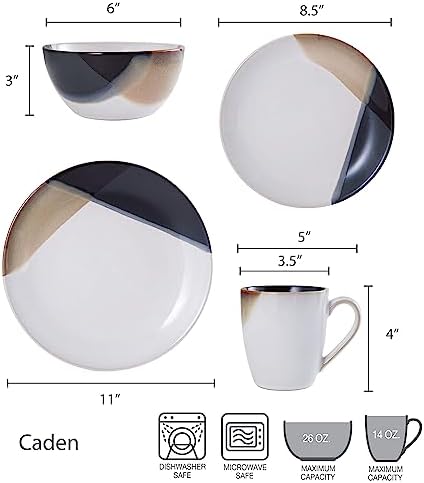 Gourmet Basics Caden 16-Piece Stoneware Dinnerware Set, Service for 4, White Glossy Center with Black and Tan, alternate view