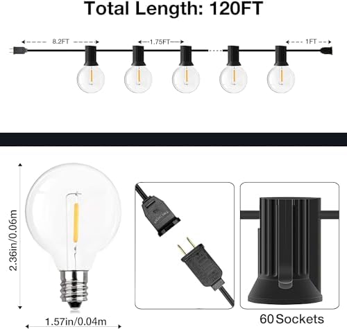 GPATIO 120FT Outdoor String Lights, Waterproof Patio Lights with 64 Hanging Lights Globe G40 Bulbs, 2700k, alternate view 2