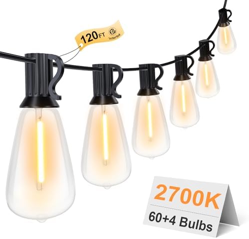 GPATIO 120FT Outdoor String Lights, Waterproof Patio Lights with 64 Hanging Lights ST38 Bulbs, 2700k