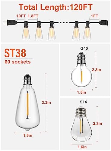 GPATIO 120FT Outdoor String Lights, Waterproof Patio Lights with 64 Hanging Lights ST38 Bulbs, 2700k, alternate view 2
