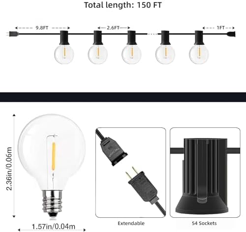 GPATIO Outdoor String Lights, 150FT G40 Bulbs Shatterproof Patio Lights, Waterproof Dimmable Hanging Outdoor, alternate view