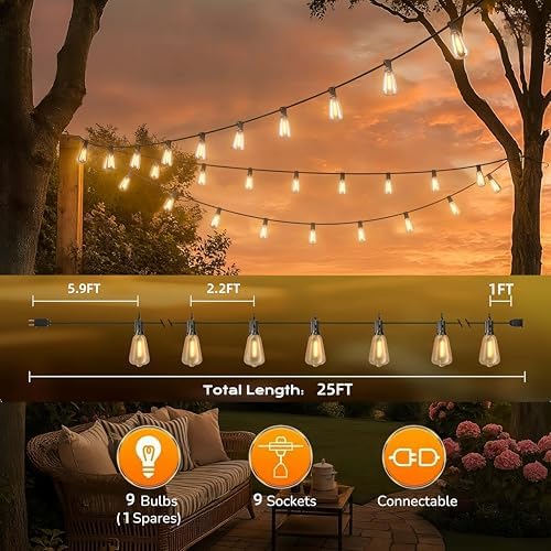 GPATIO Outdoor String Lights, 25FT Shatterproof Patio Lights, IP65 Waterproof Dimmable Outside Hanging Light, alternate view